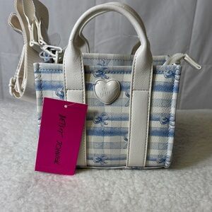 Betsey Johnson XOX Mini Tote Crossbody Blue Bow Stripe Bag NWT
